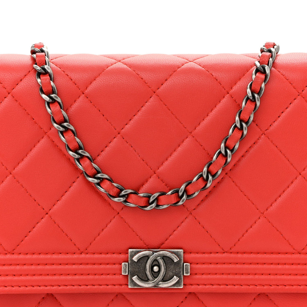 Chanel Lambskin Quilted Boy Wallet On Chain WOC Red