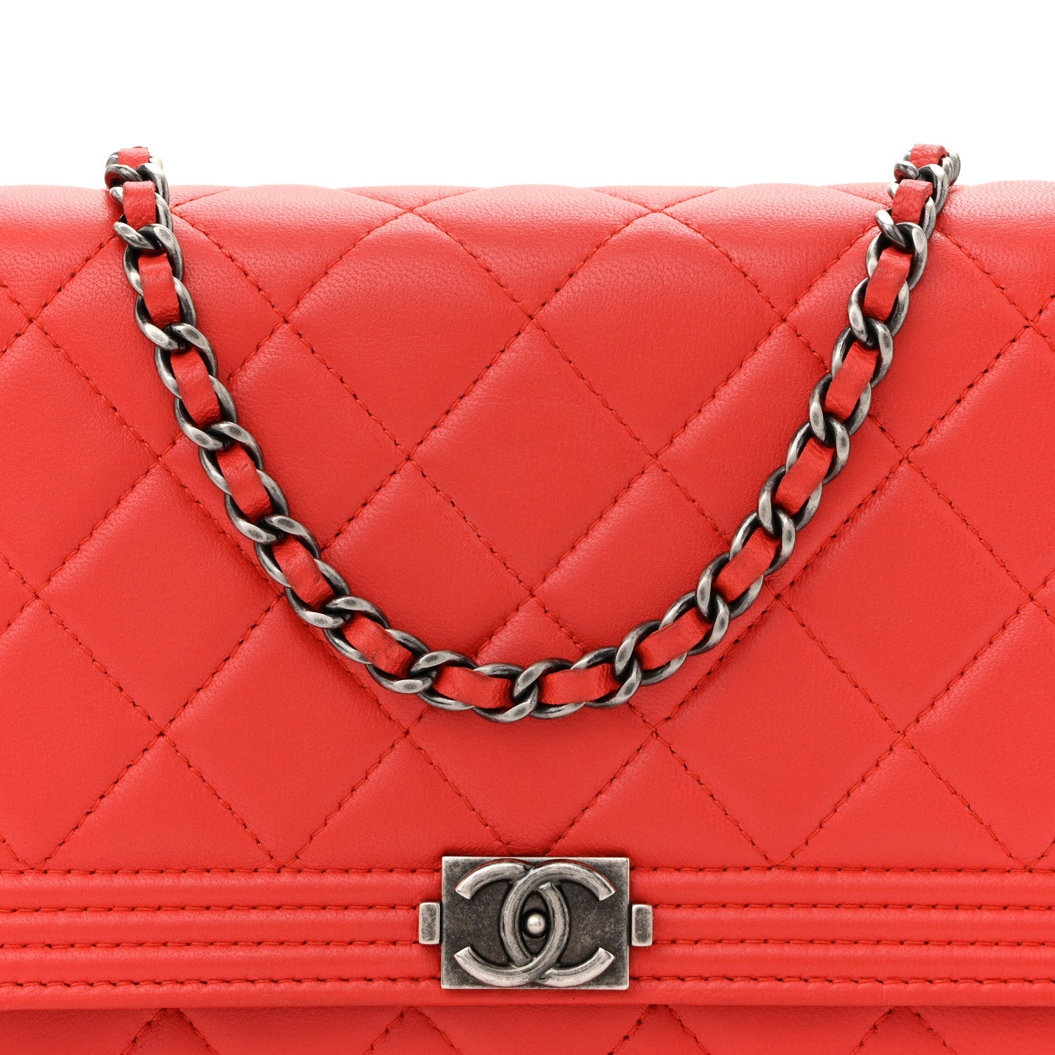 Chanel Lambskin Quilted Boy Wallet On Chain WOC Red