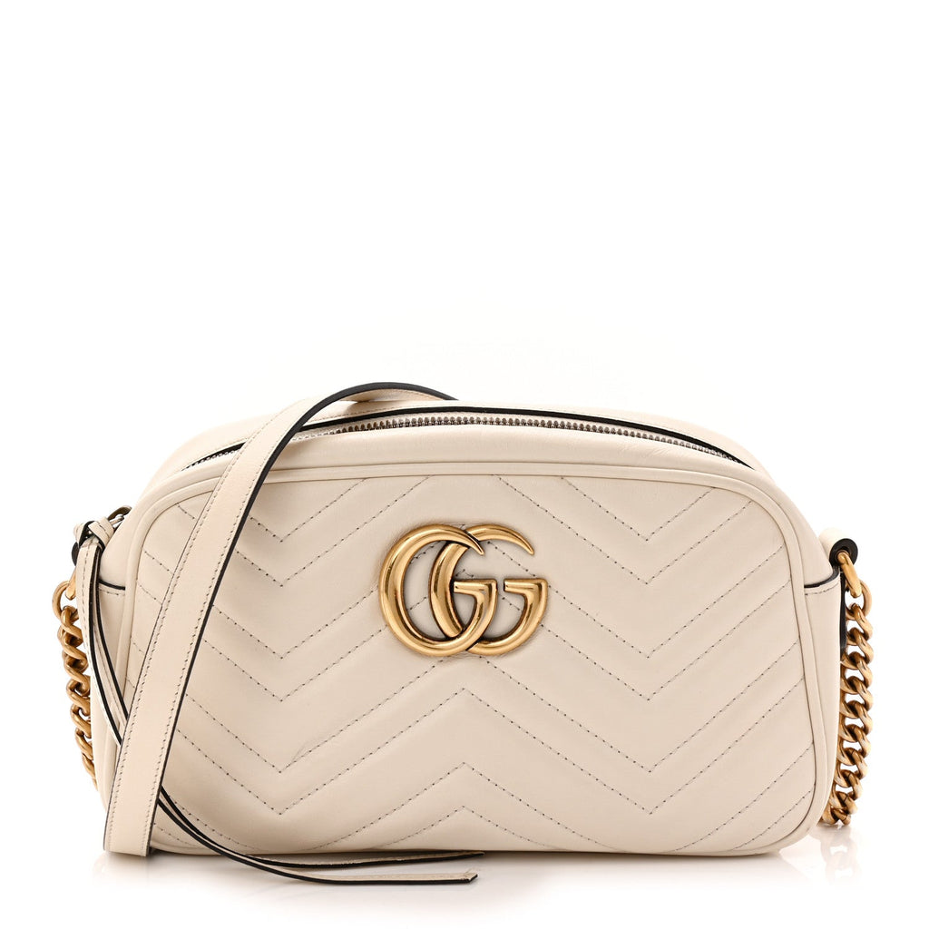 Gucci Calfskin Matelasse Small GG Marmont Chain Shoulder Bag White