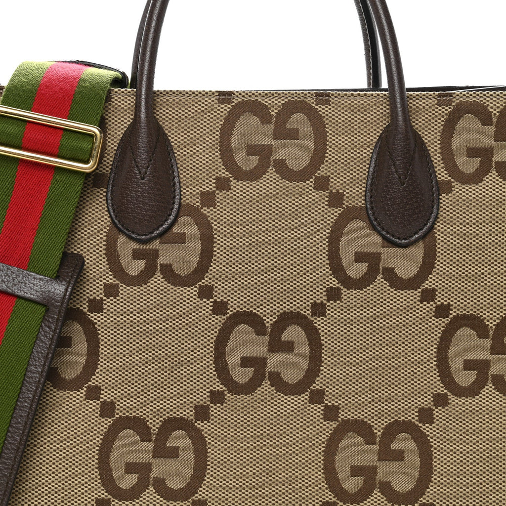 Gucci Monogram Jumbo GG Textured Dollar Calfskin Web Small Tote Bag Camel Ebony New Acero