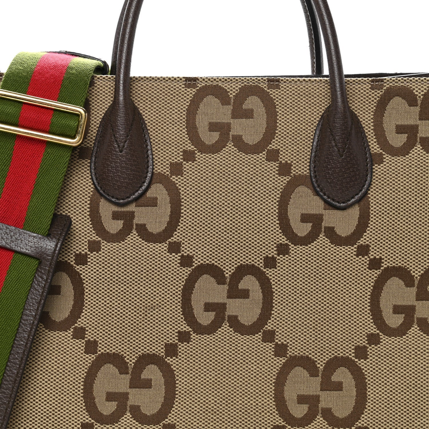 Gucci Monogram Jumbo GG Textured Dollar Calfskin Web Small Tote Bag Camel Ebony New Acero