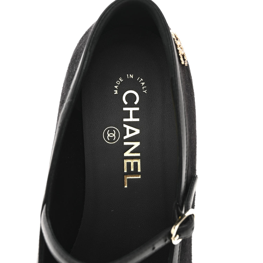 Chanel Suede Kidskin Lambskin Patent Calfskin Cap Toe CC Mary Jane Flats 39.5 Black