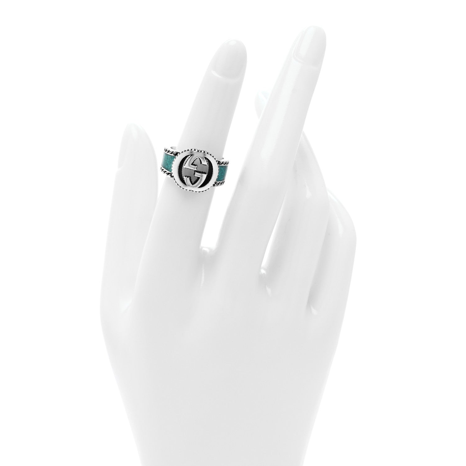 Gucci Sterling Silver Enamel Interlocking G Band Ring 50 5.5 Turquoise