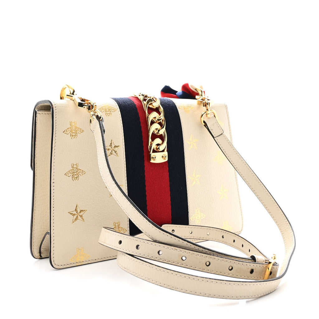 Gucci Textured Calfskin Bee Star Print Small Sylvie Shoulder Bag Mystic White