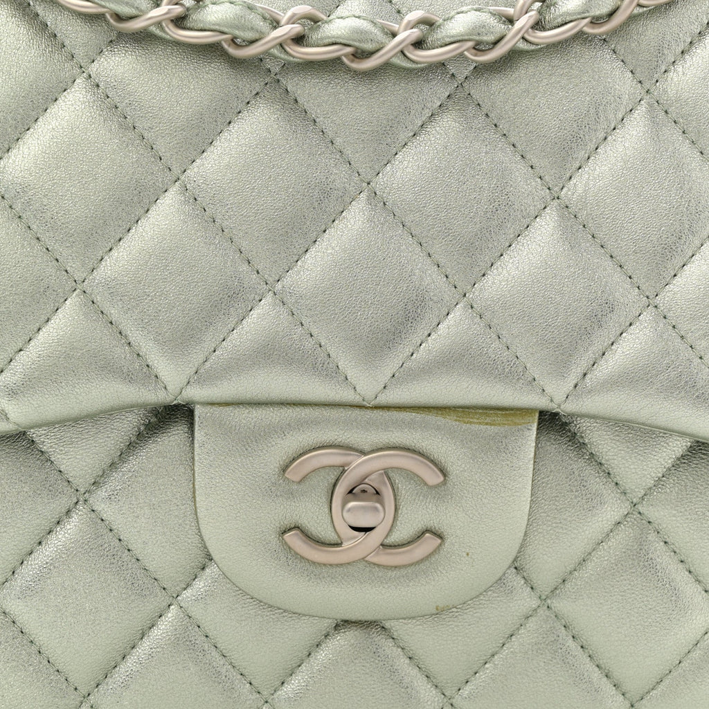 Chanel Metallic Lambskin Quilted Jumbo Double Flap Green