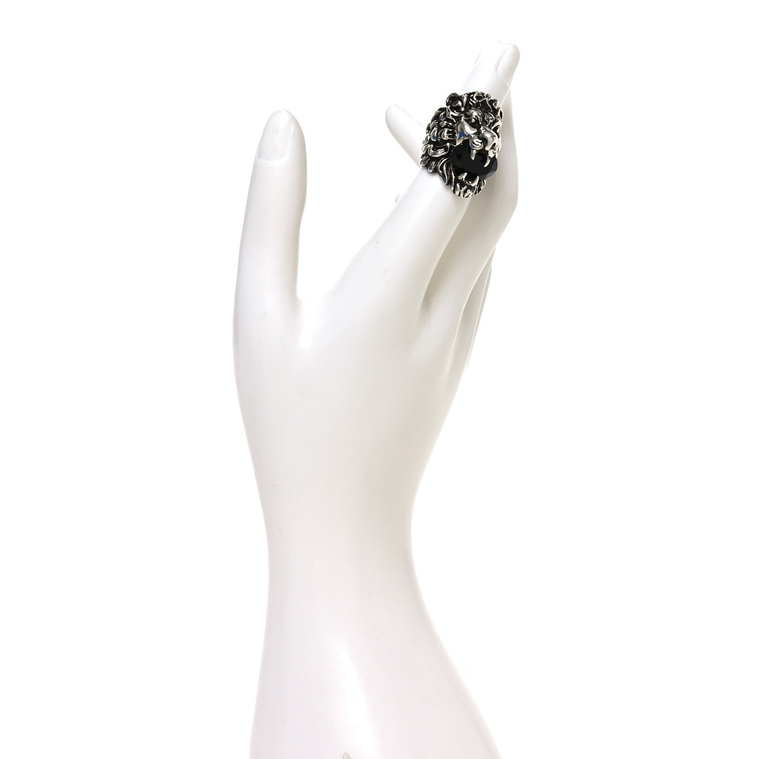 Gucci Metal Crystal Lion Head Ring  49 4.75 Black Aged Silver