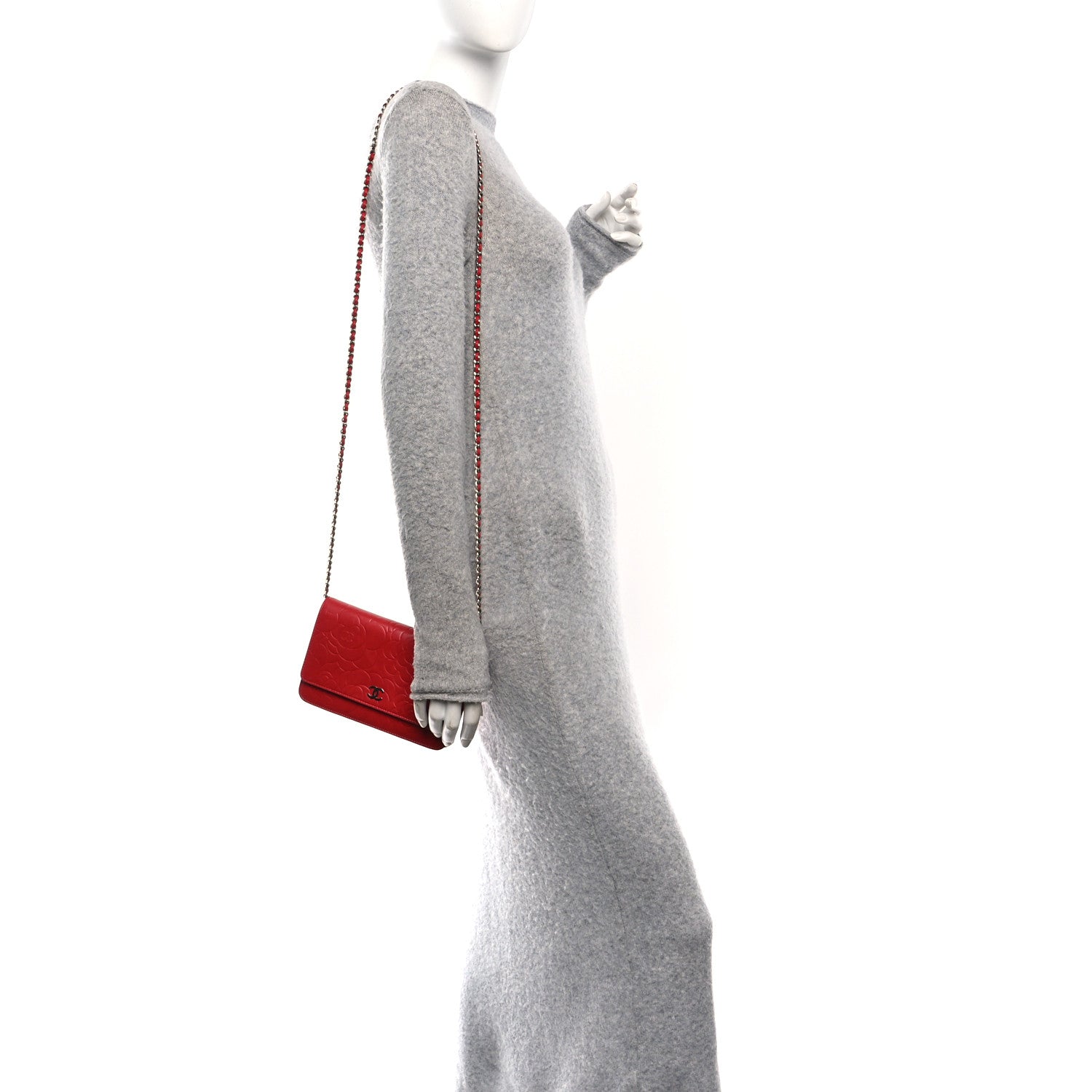 Chanel Lambskin Camellia Embossed Wallet on Chain WOC Red