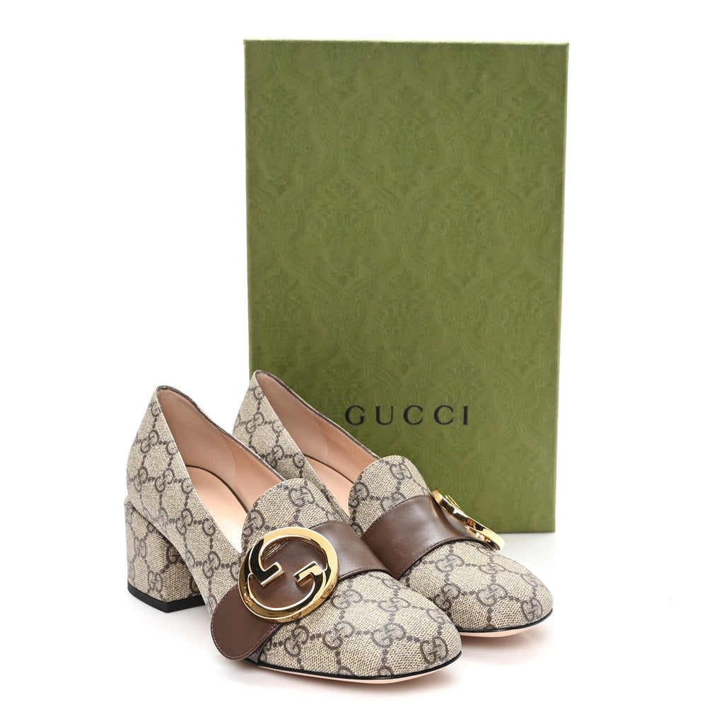 Gucci GG Supreme Monogram Malaga Kid Blondie Pumps 37 Beige Ebony New Acero