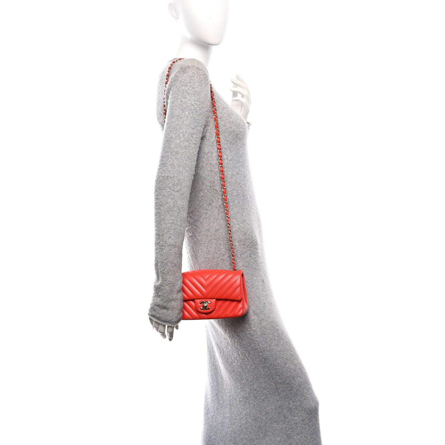 Chanel Lambskin Chevron Quilted Mini Rectangular Flap Red