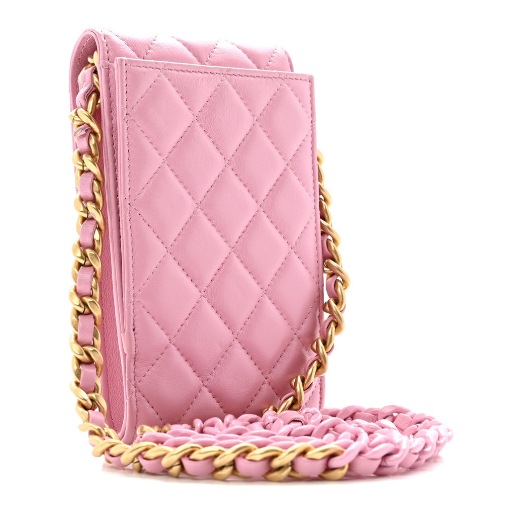 Chanel Lambskin Quilted Lacquered Chain Phone Holder With Chain Dark Pink