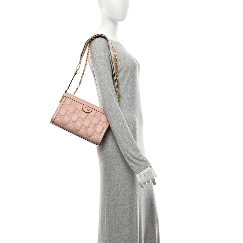 Gucci Calfskin GG Matelasse Small Slim Chain Shoulder Bag Perfect Pink Natural