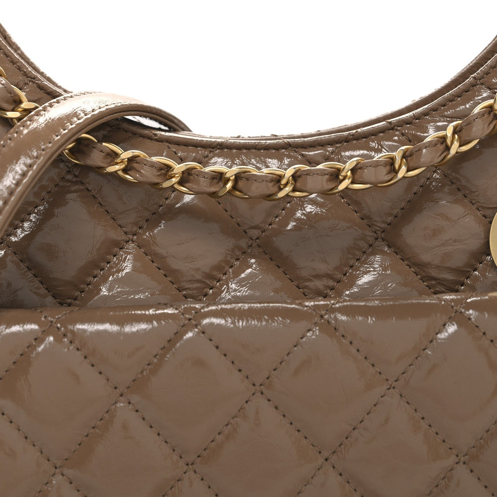 Chanel Shiny Crumpled Calfskin Quilted Wavy CC Hobo  Dark Beige