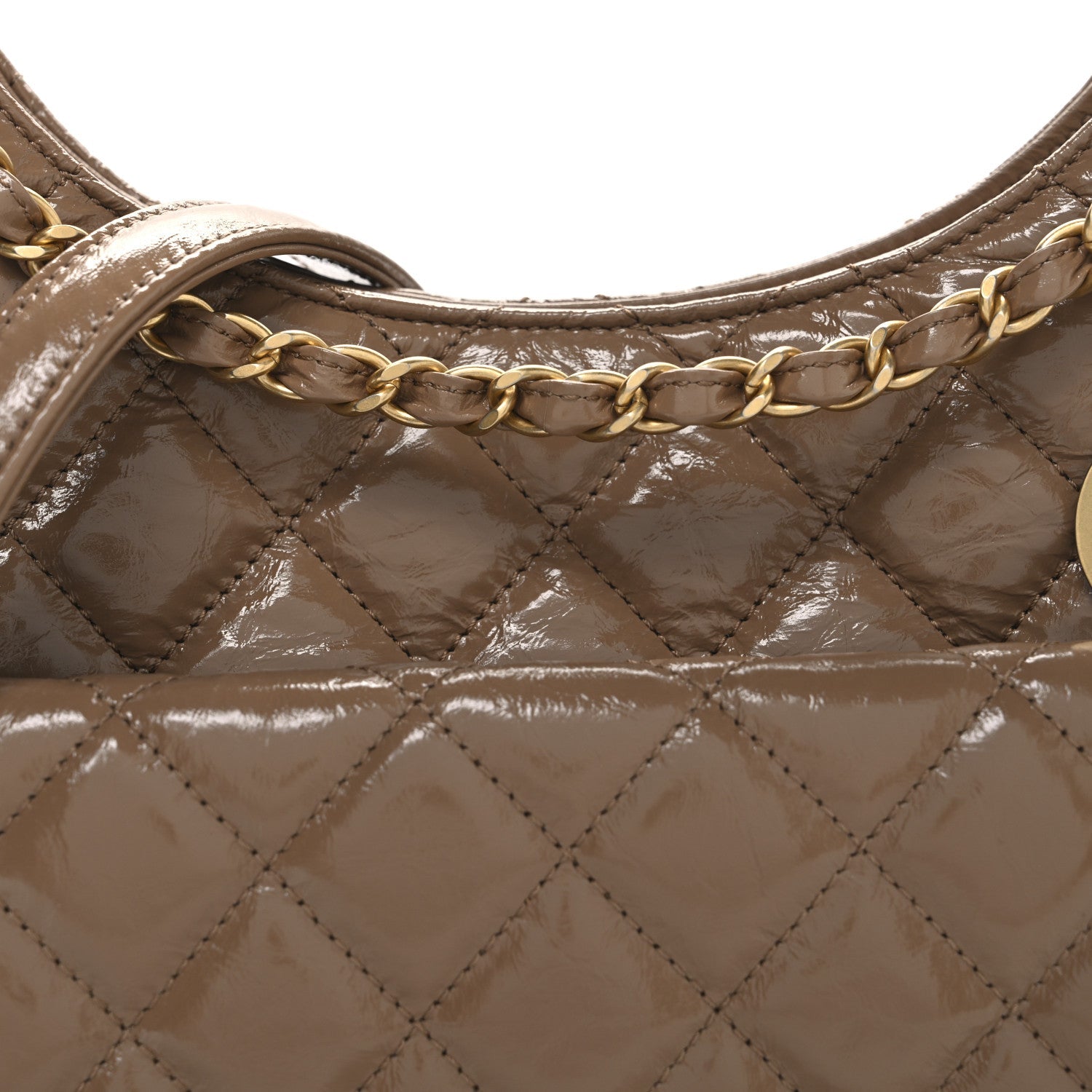 Chanel Shiny Crumpled Calfskin Quilted Wavy CC Hobo  Dark Beige