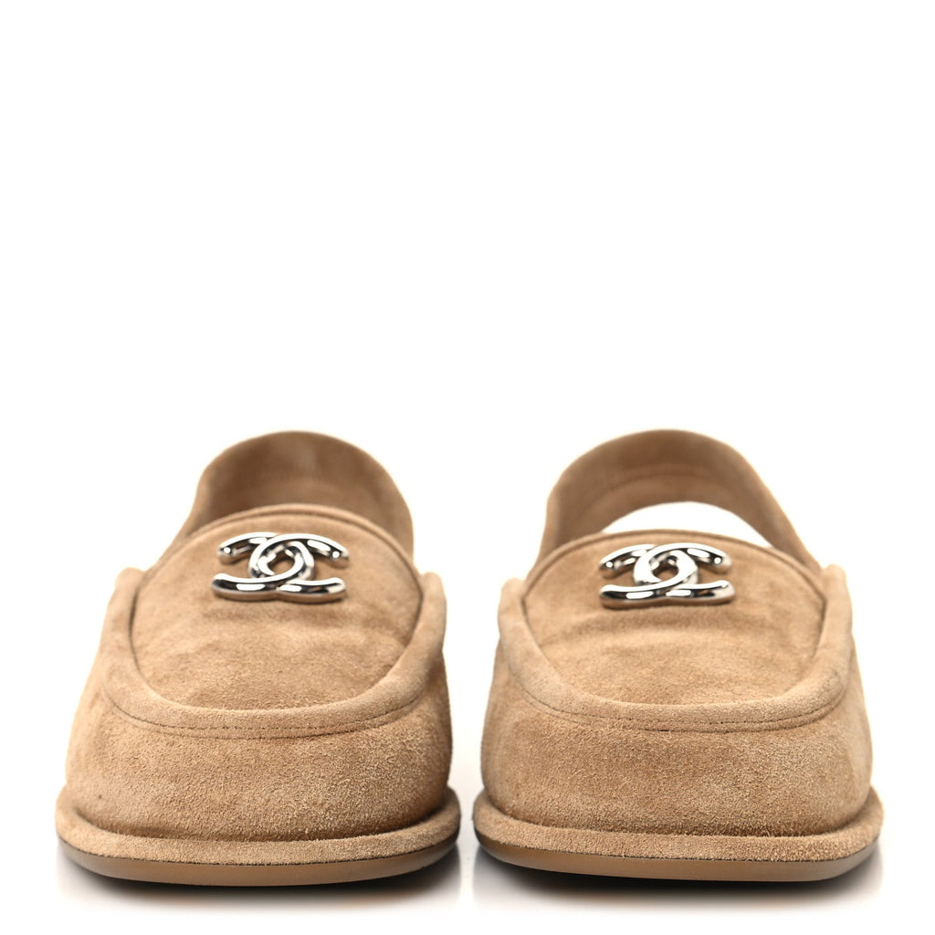 Chanel Suede Calfskin CC Slingback Loafers 35 Dark Beige