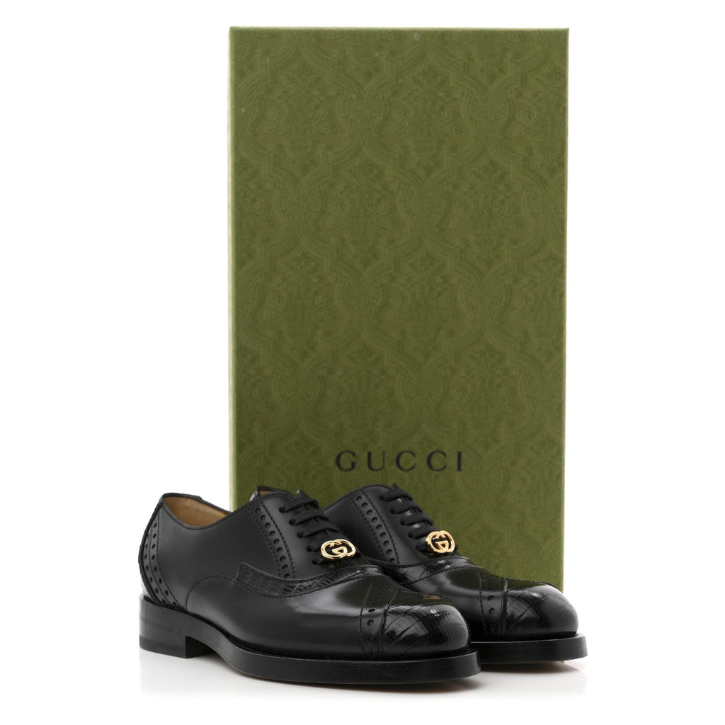 Gucci Glossy Calfskin Tejus Womens Lace Up Loafers 35 Black