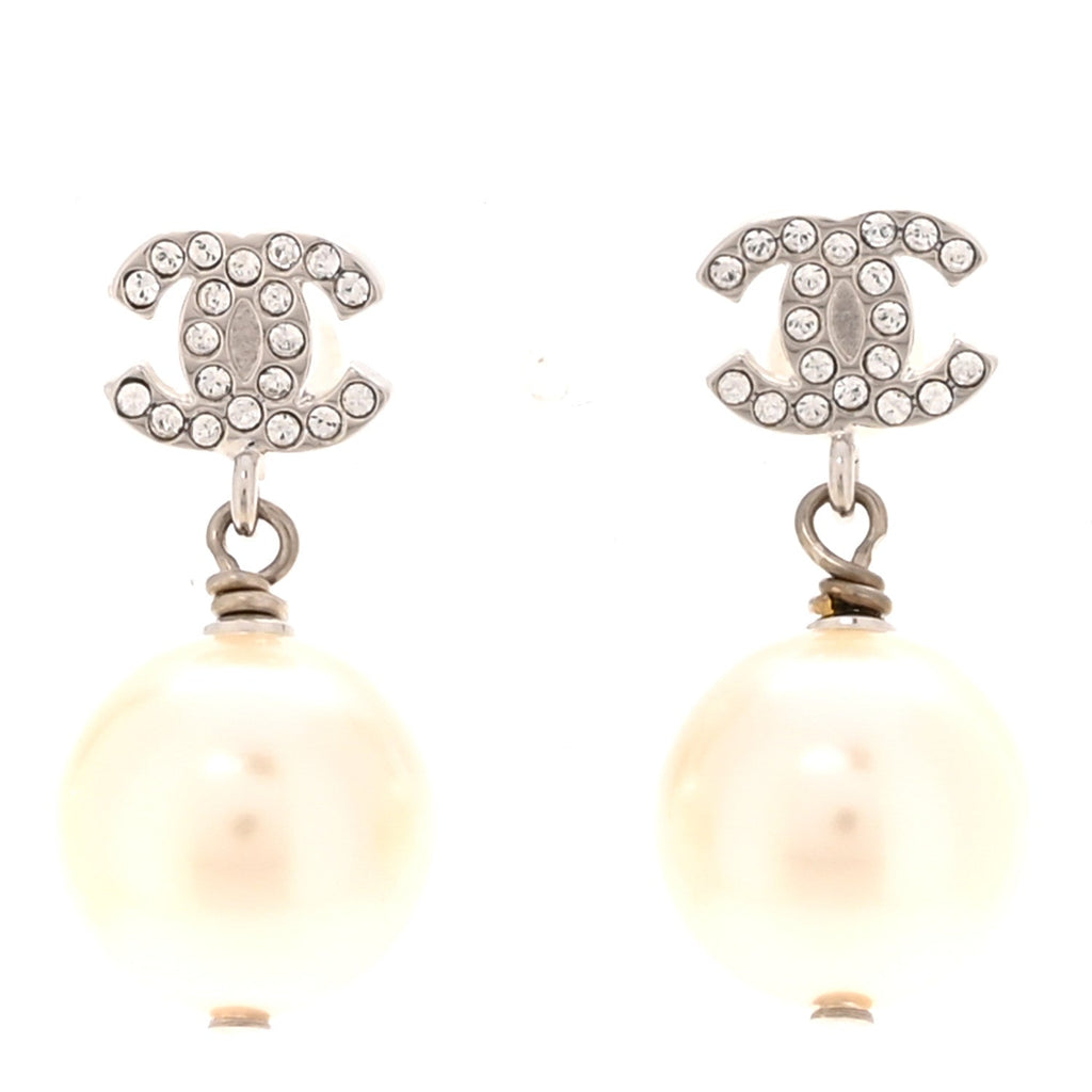 Crystal Pearl CC Drop Earrings Silver