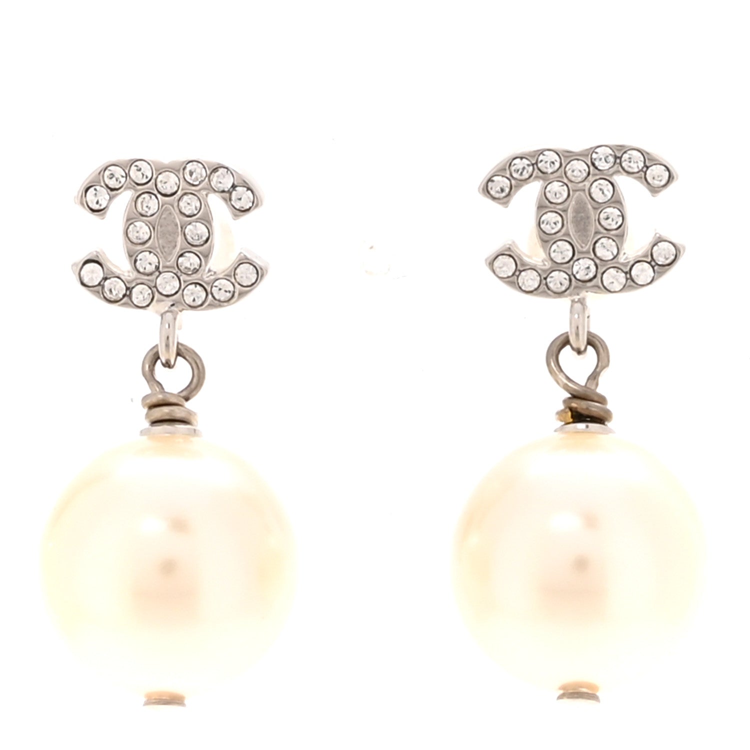 Crystal Pearl CC Drop Earrings Silver