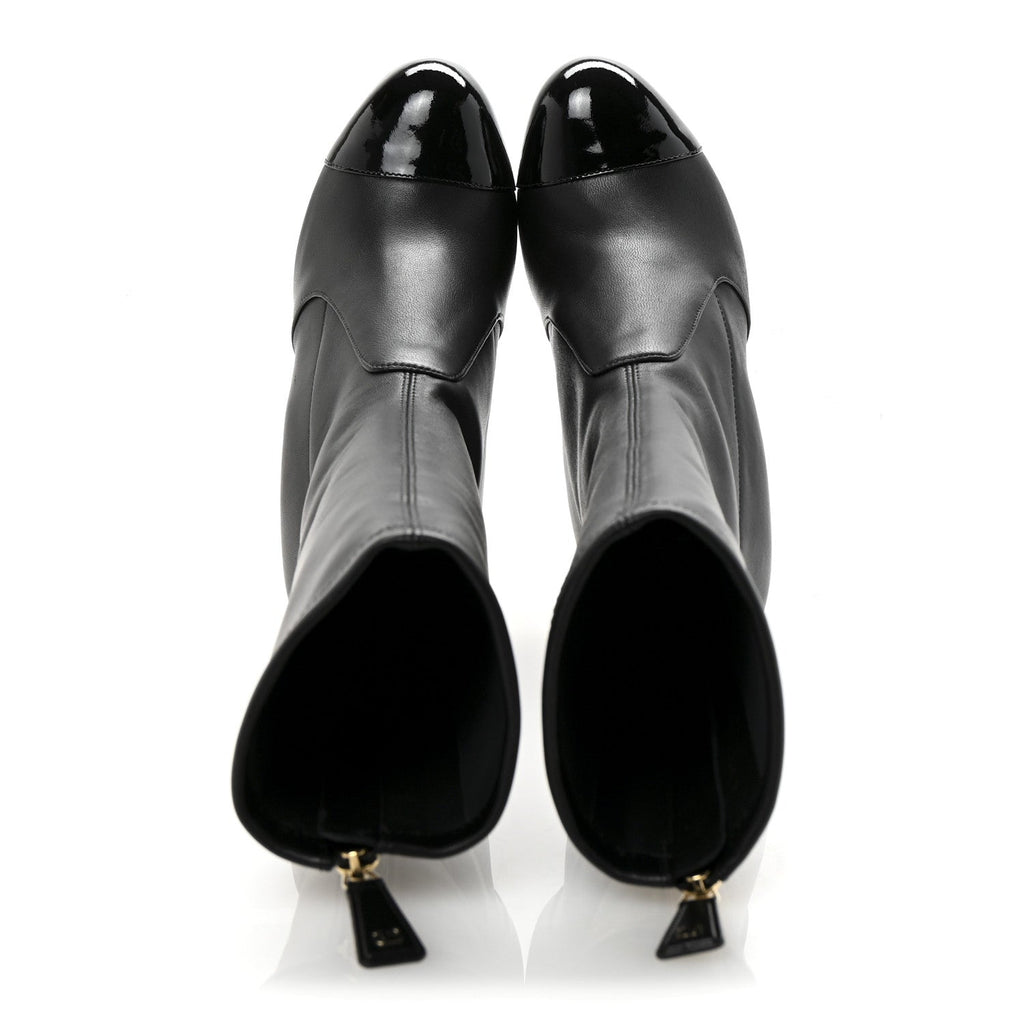 Chanel Stretch Lambskin Patent Cap Toe Pearl Ball Mid Calf Boots 35 Black