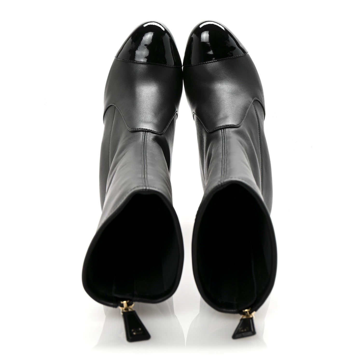 Chanel Stretch Lambskin Patent Cap Toe Pearl Ball Mid Calf Boots 35 Black