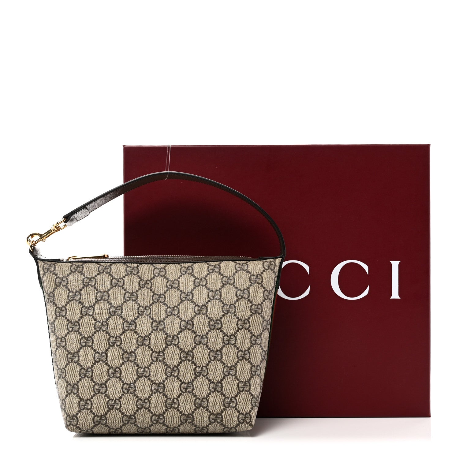 Gucci GG Supreme Monogram Textured Calfskin Web Super Mini Ophidia Shoulder Bag Beige Ebony New Acero