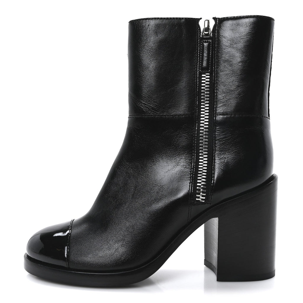 Calfskin Patent Quilted Cap Toe CC Boots 37 Black