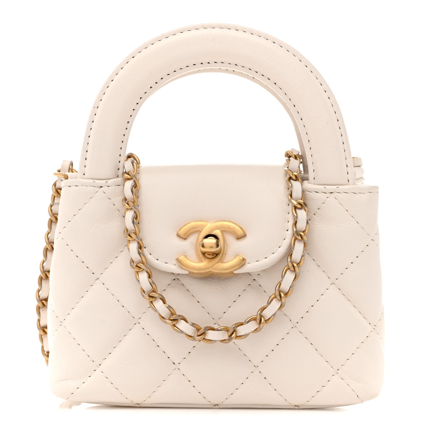 Chanel Shiny Aged Calfskin Quilted Mini Nano Kelly Shopper White