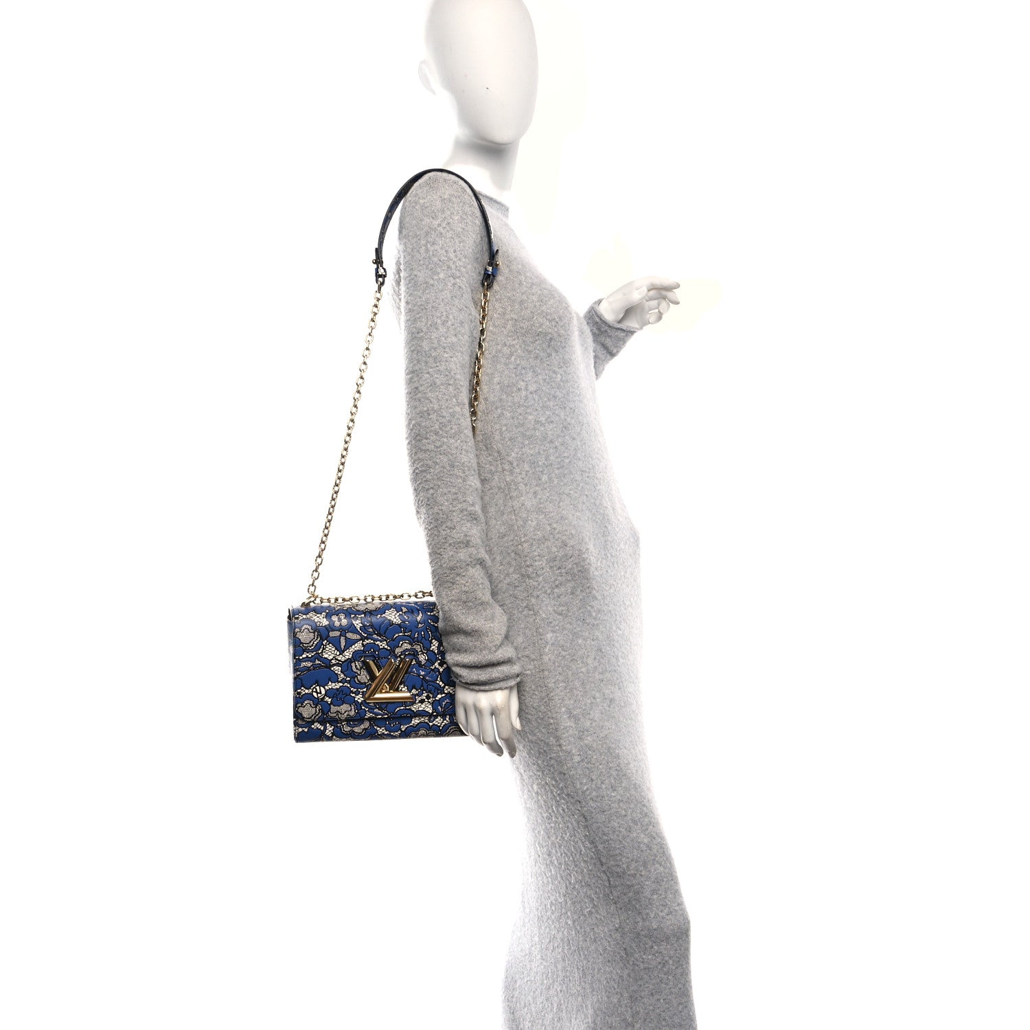 Louis Vuitton Calfskin Lace Flower Inlay Twist Shoulder Bag MM Navy Black