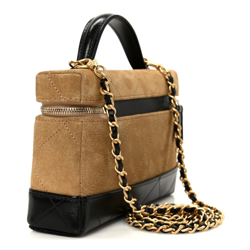 Chanel Suede Calfskin Shiny Lambskin Stitched Top Handle Slim Vanity Case With Chain Beige Black
