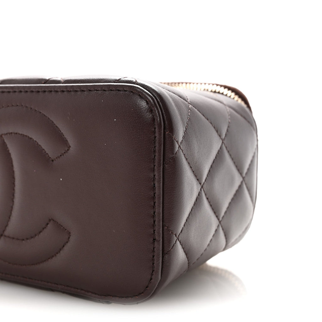 Chanel Lambskin Quilted Small Top Handle Vanity Case With Chain Dark Brown