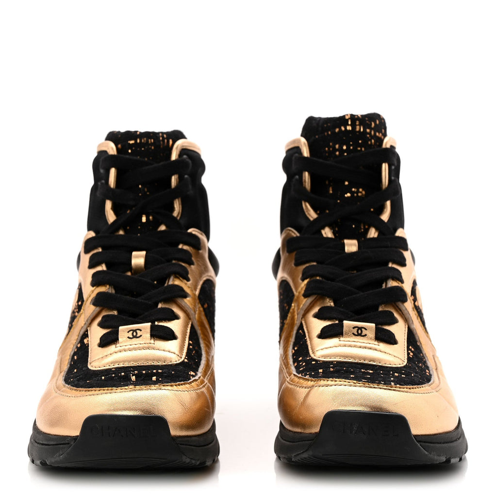Satin Lambskin Fabric Tweed CC High Top Sneakers 39 Black Gold