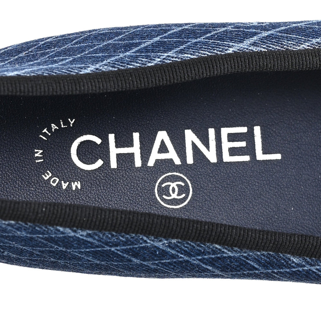 Denim Printed Quilt CC Cap Toe Ballerina Flats 37 Navy Blue Dark Grey