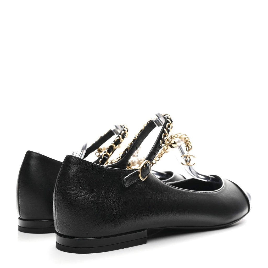 Chanel Shiny Lambskin Pearl Cap Toe Ankle Chain Ballerina Flats 37 Black
