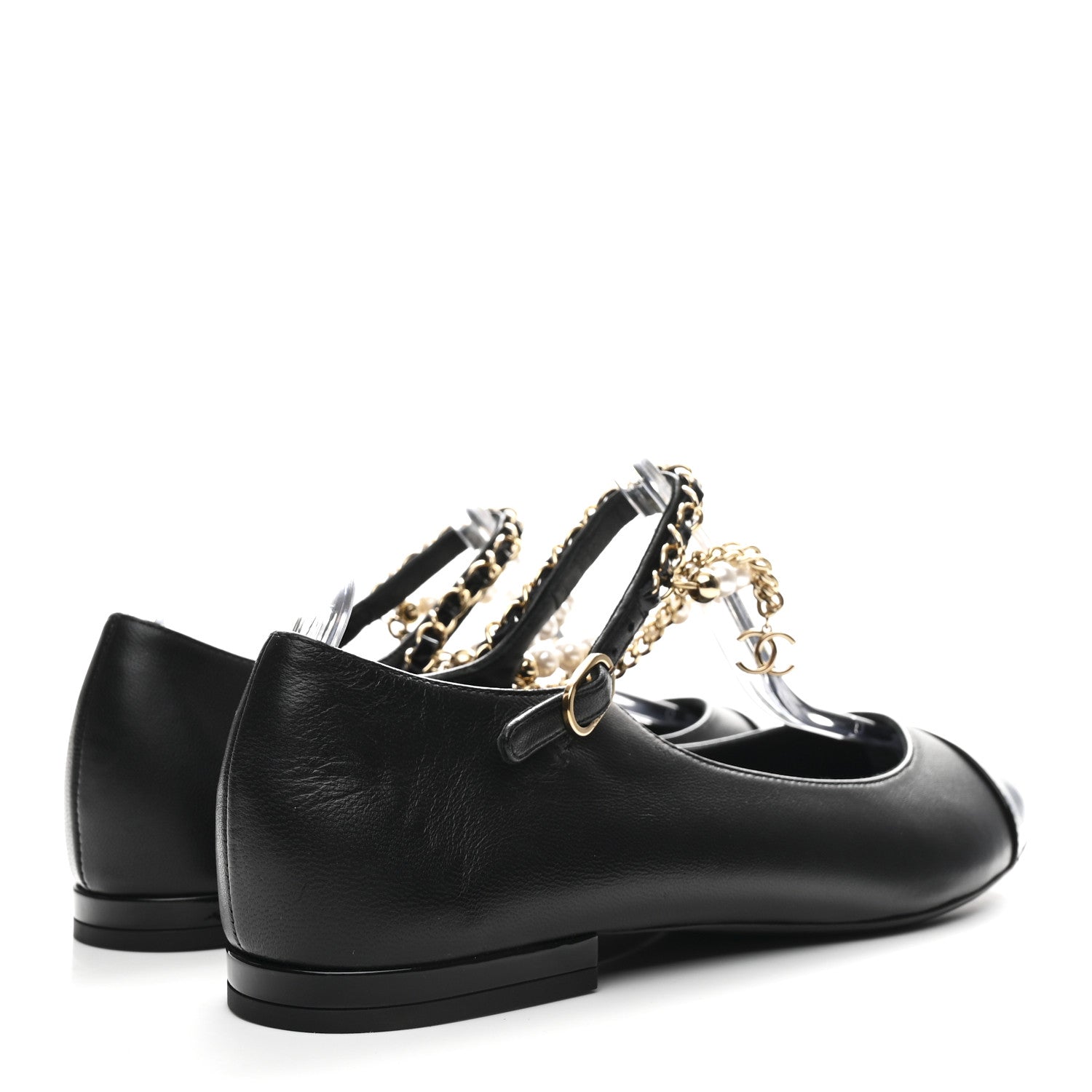 Chanel Shiny Lambskin Pearl Cap Toe Ankle Chain Ballerina Flats 37 Black
