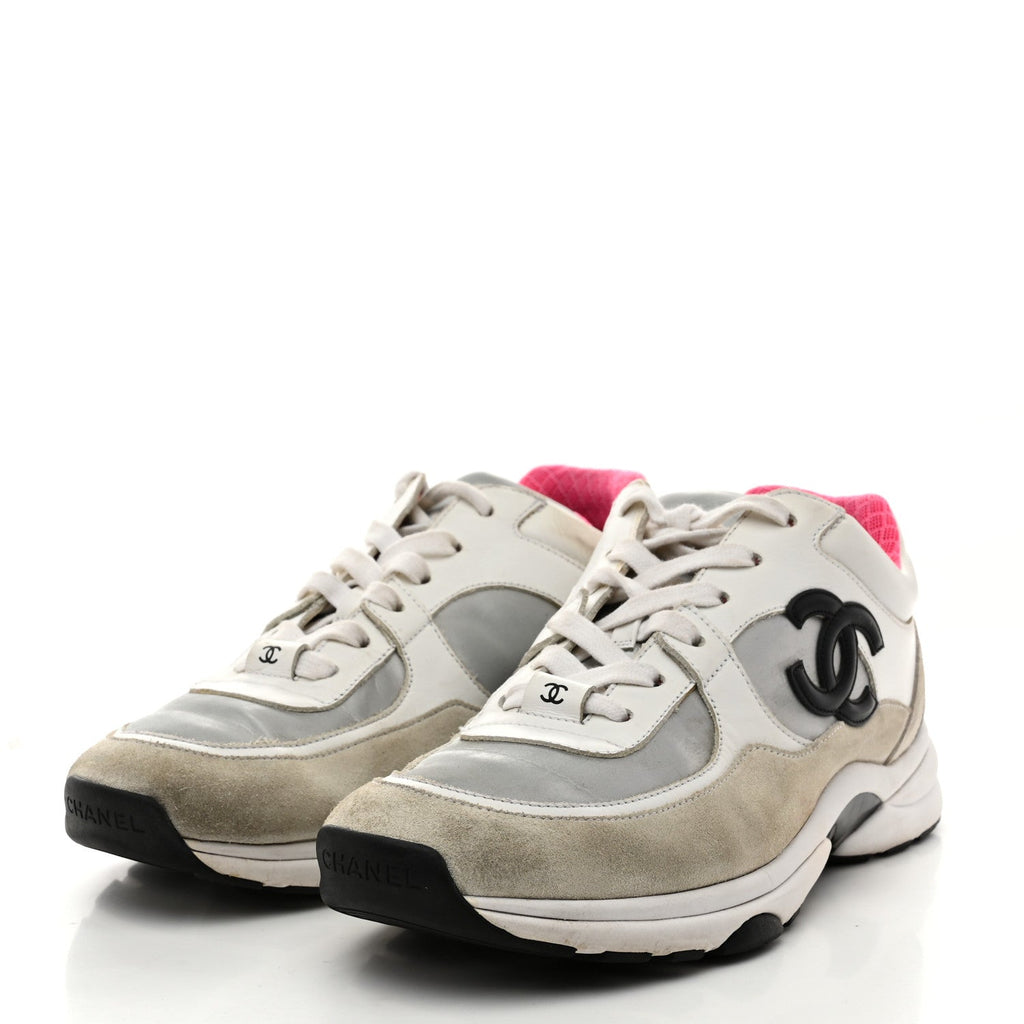 Calfskin Fabric Sneakers 39 White Silver Fluo Pink