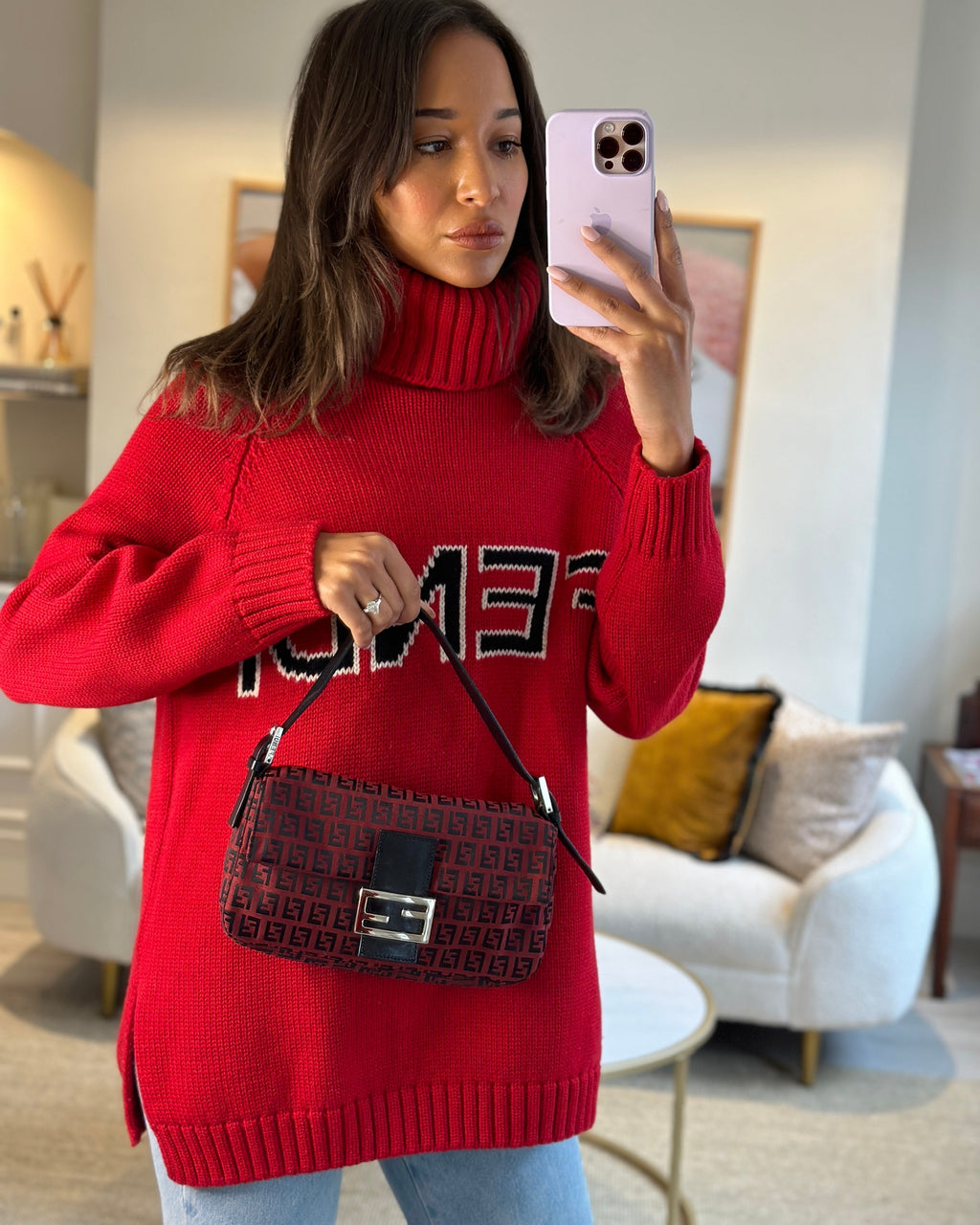 Fendi Vintage Red, Black Monogram FF Baguette Bag with Silver Hardware