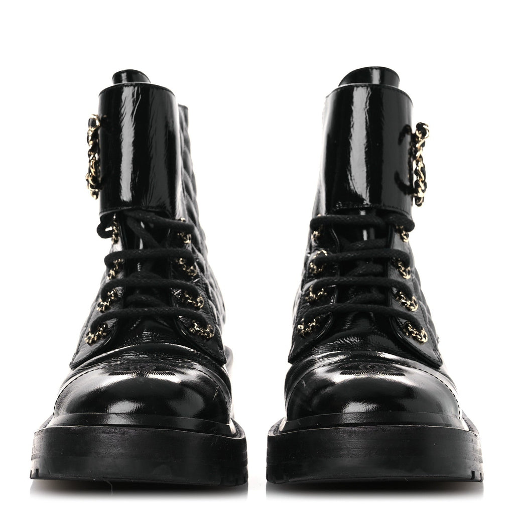 Chanel Shiny Calfskin Quilted Lace Up Combat Boots 37 Black