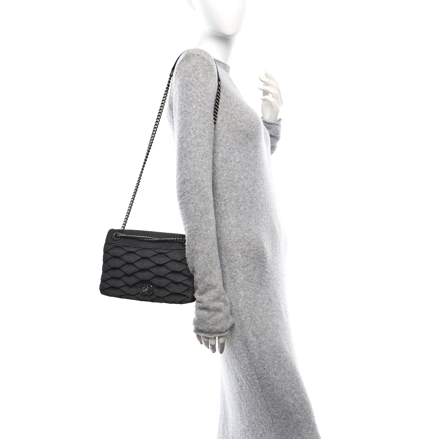 Chanel Denim Pleated Denim Turtle Flap Dark Blue