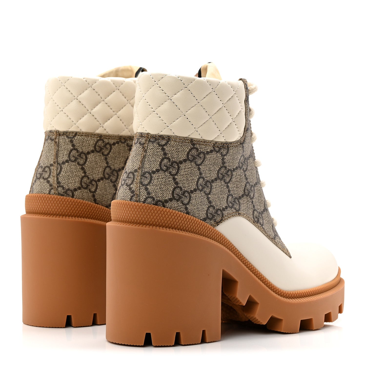 Gucci Calfskin GG Supreme Monogram Nappa Quilted Lace Up Ankle Boots 35 Mystic White Beige