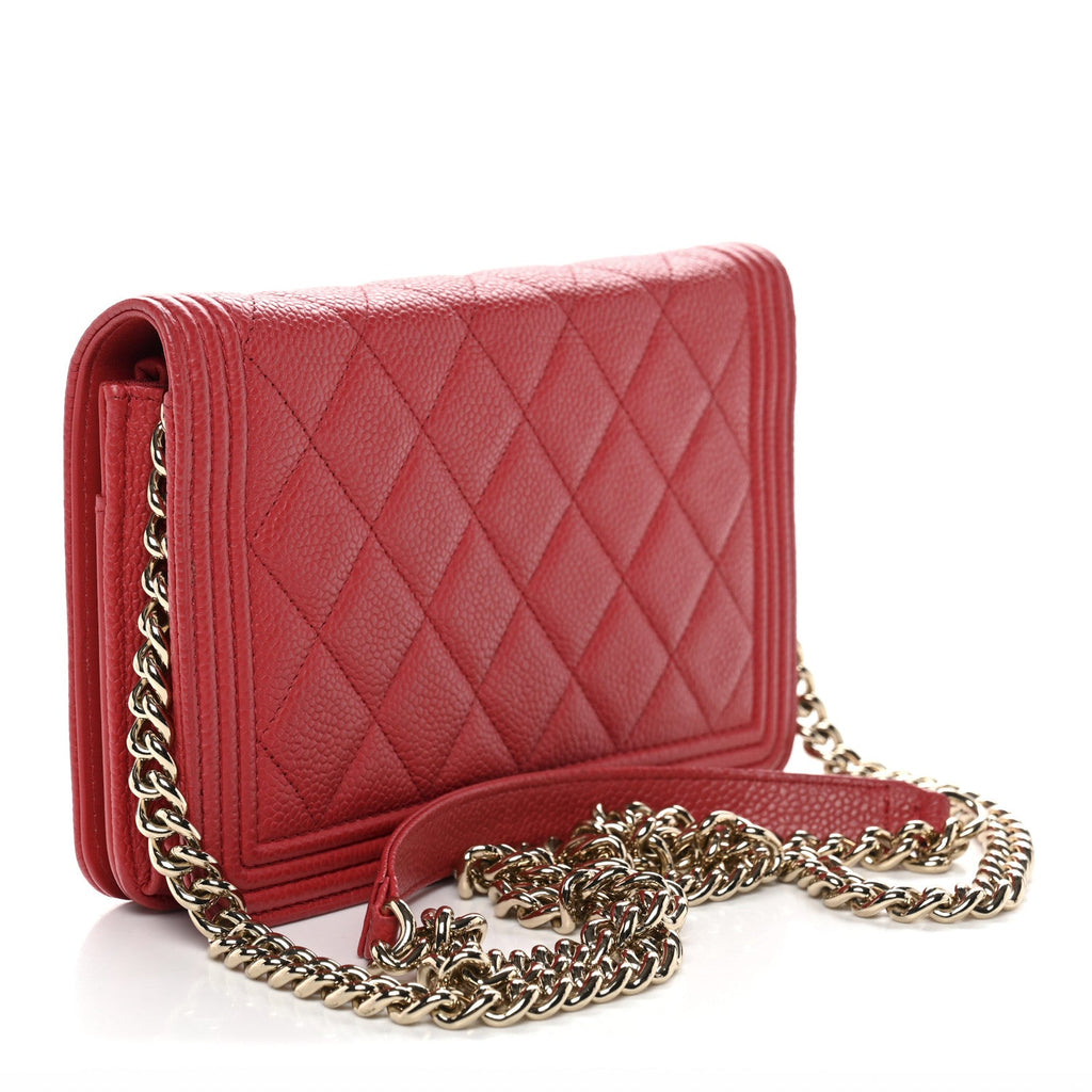 Chanel Caviar Quilted Boy Wallet On Chain WOC Red