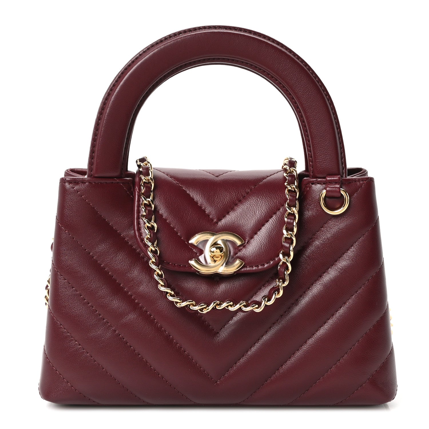 Chanel Shiny Lambskin Chevron Quilted Nano Kelly Shopper Dark Burgundy