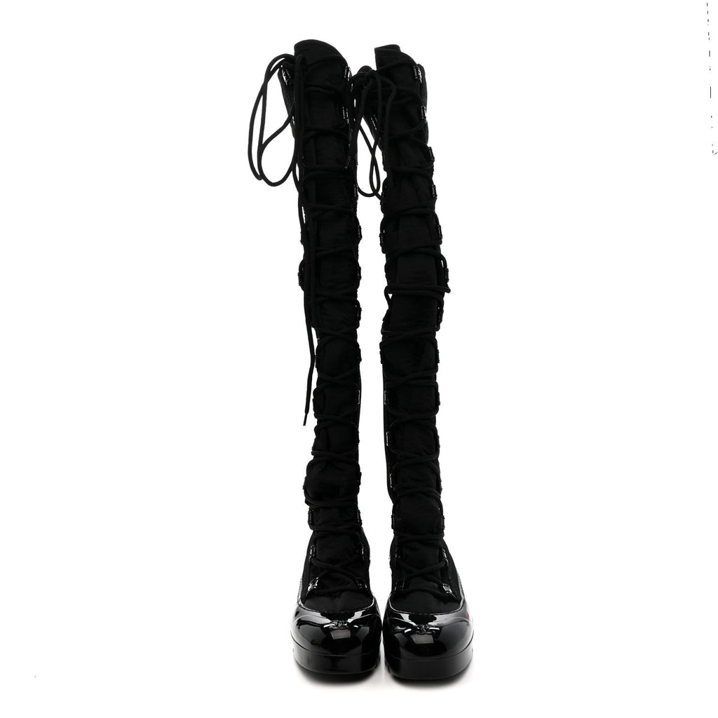 Nylon Rubber CC Lace Up Thigh High Boots 40 Black