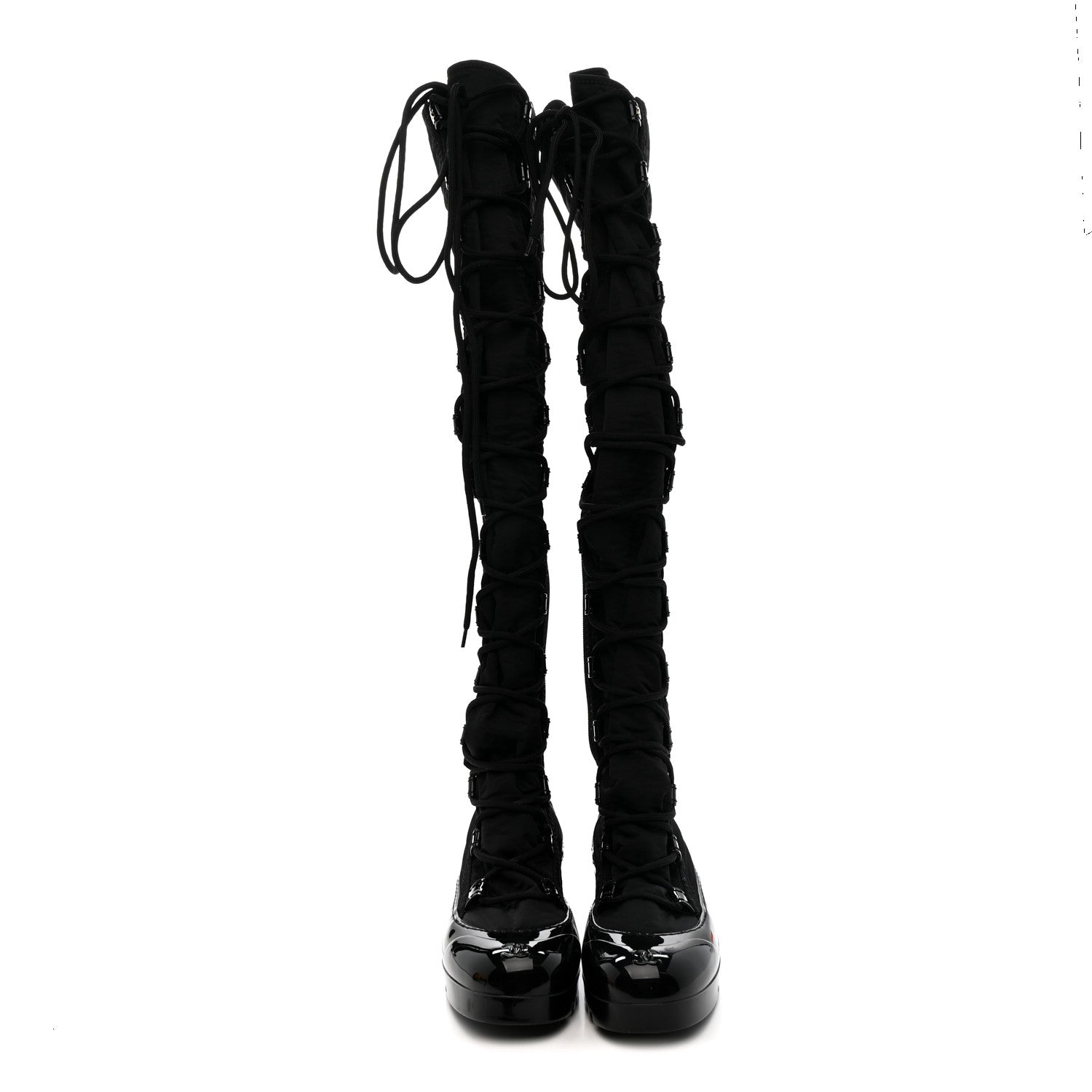 Nylon Rubber CC Lace Up Thigh High Boots 40 Black