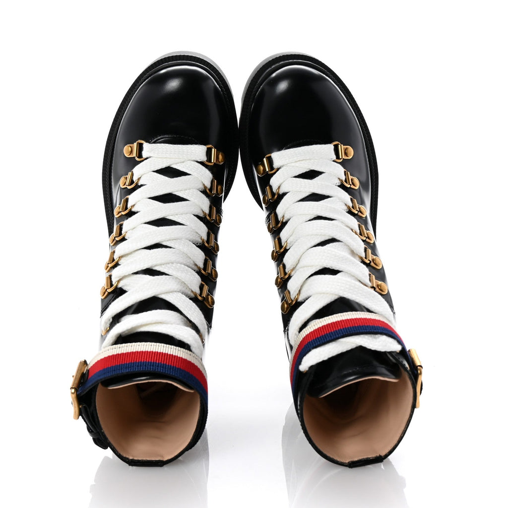 Gucci Calfskin Sylvie Web Lace Up Combat Boots 35 Black