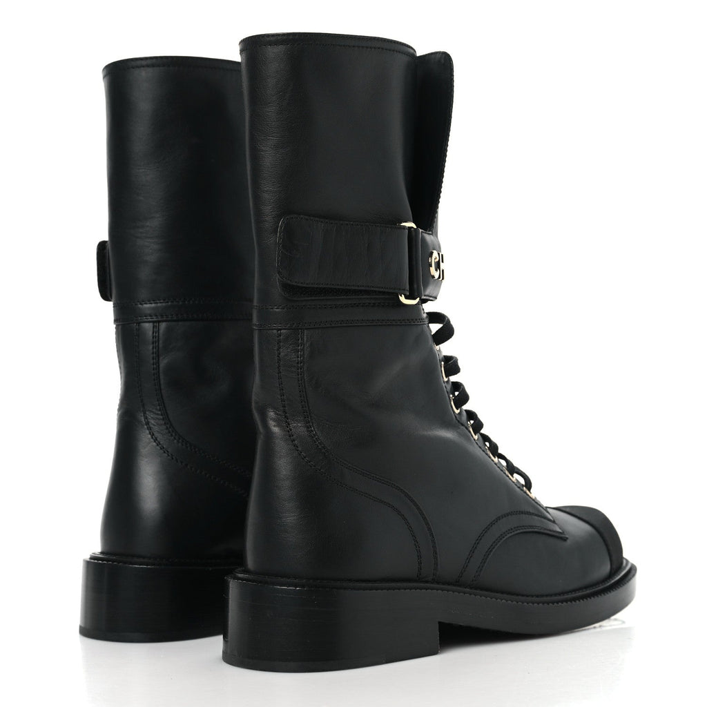 Chanel Shiny Calfskin Grosgrain Lace Up Combat Boots 36.5 Black