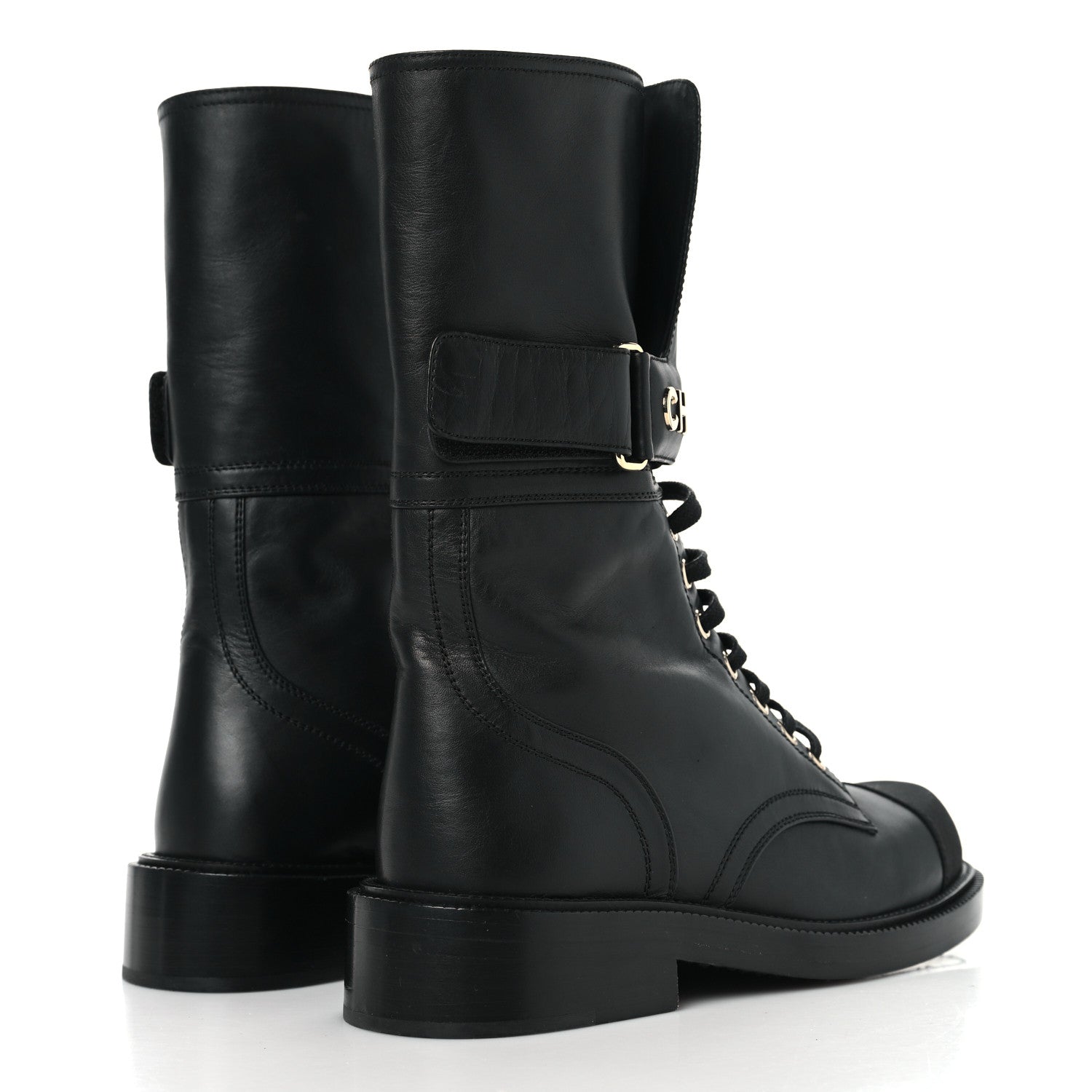 Chanel Shiny Calfskin Grosgrain Lace Up Combat Boots 36.5 Black
