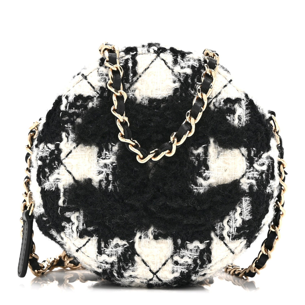 Chanel Wool Tweed Lambskin Quilted Round Clutch With Chain and Coin Purse Black White