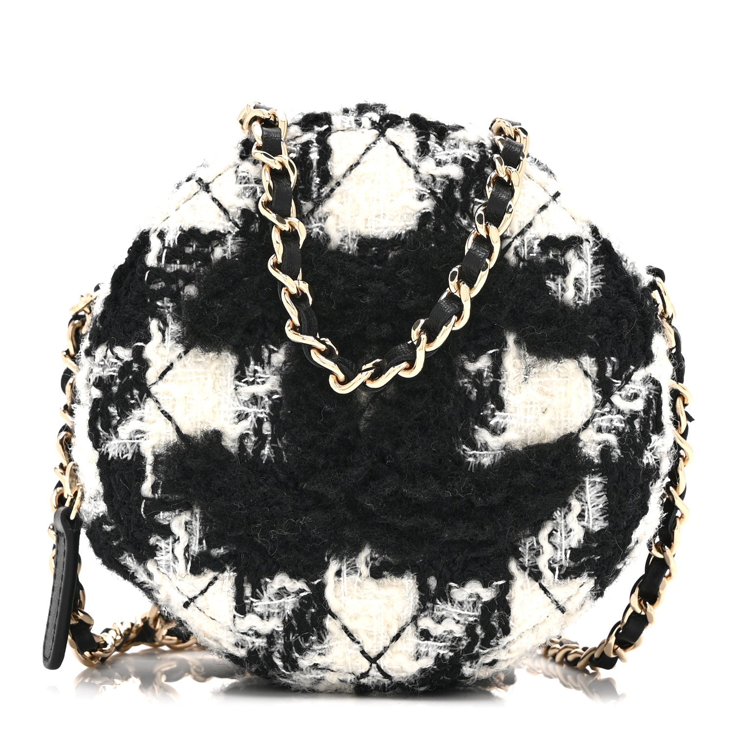 Chanel Wool Tweed Lambskin Quilted Round Clutch With Chain and Coin Purse Black White