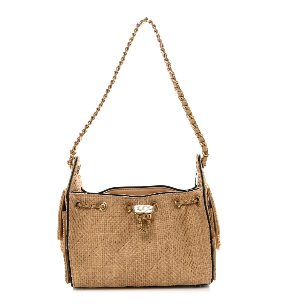 Chanel Braided Raffia Calfskin Quilted Mini Chanel 25 Handbag Beige Black