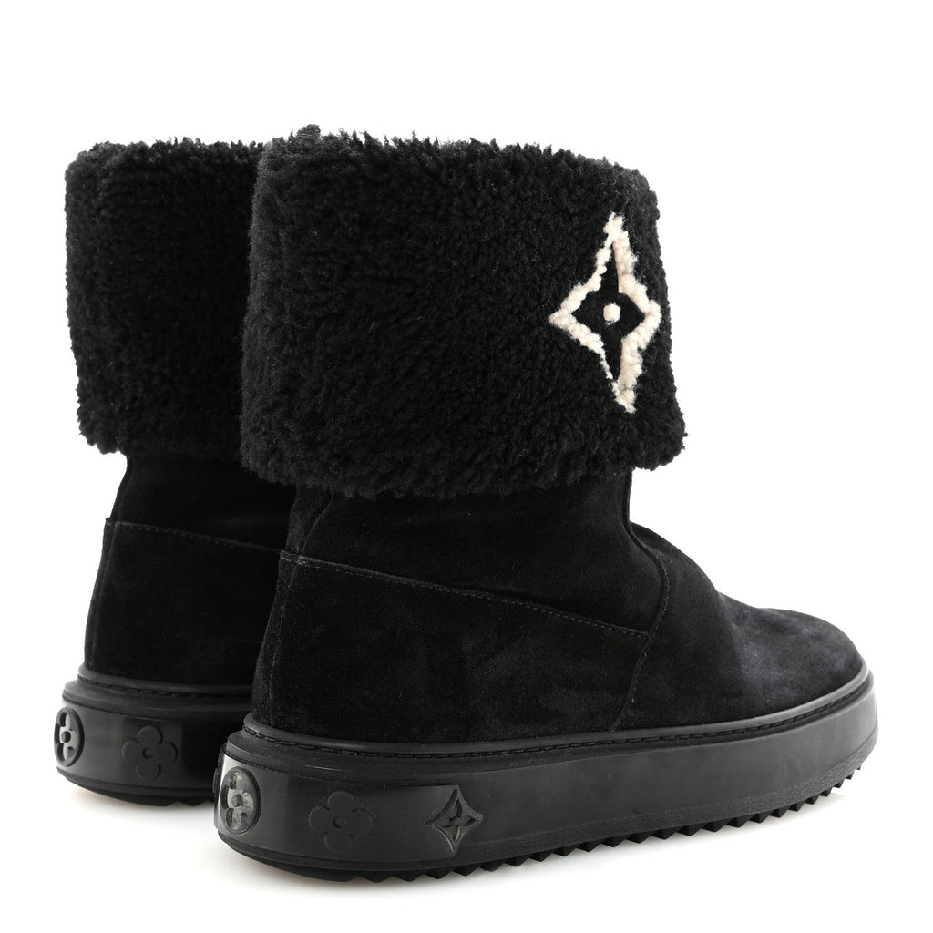 Louis Vuitton Suede Calfskin Shearling Snowdrop Flat Ankle Boot 37.5 Black