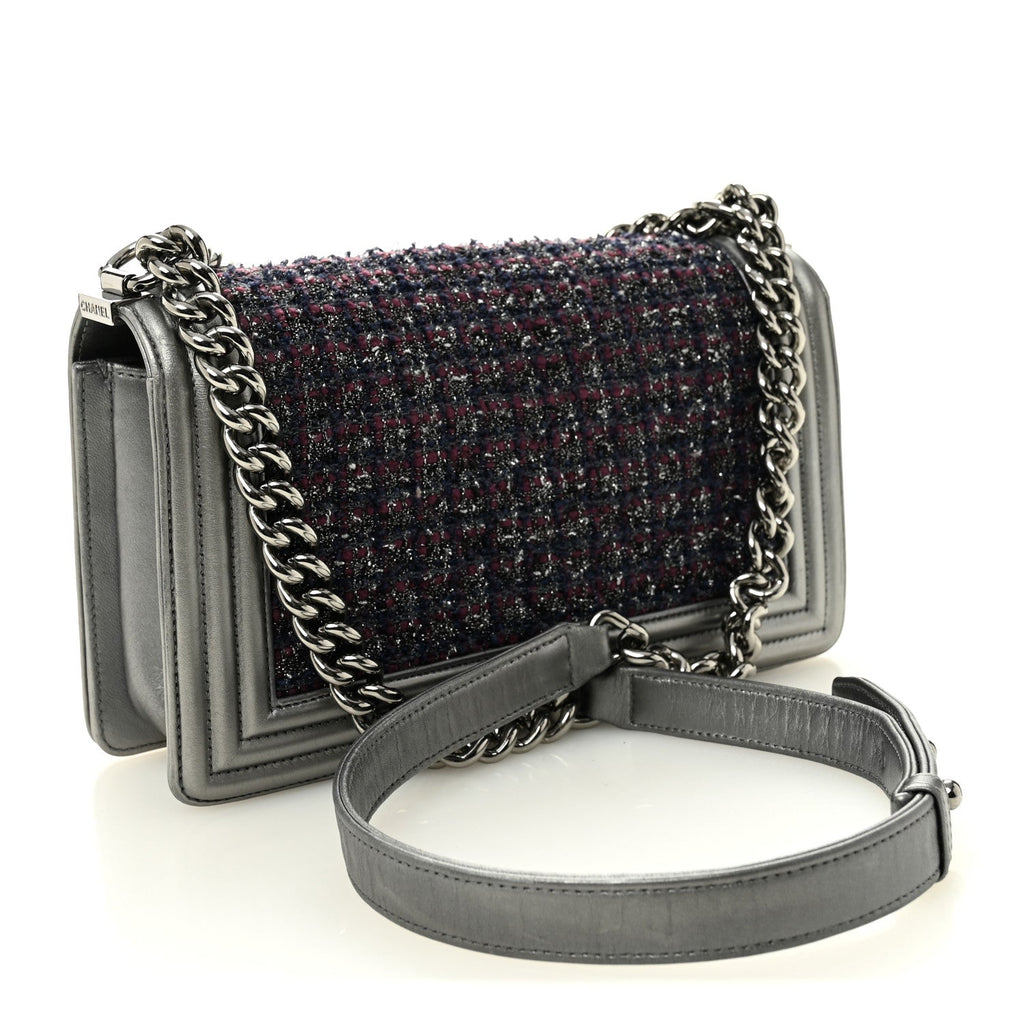 Chanel Tweed Metallic Lambskin Medium Boy Flap Silver